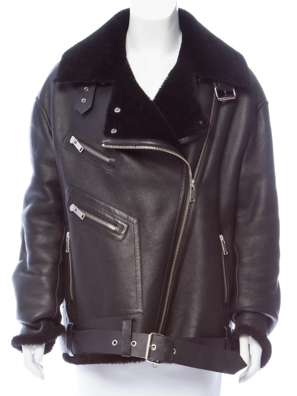 The Arrivals Shearling Moto Jacket | Black Leather Aviator Jacket | Size M/L